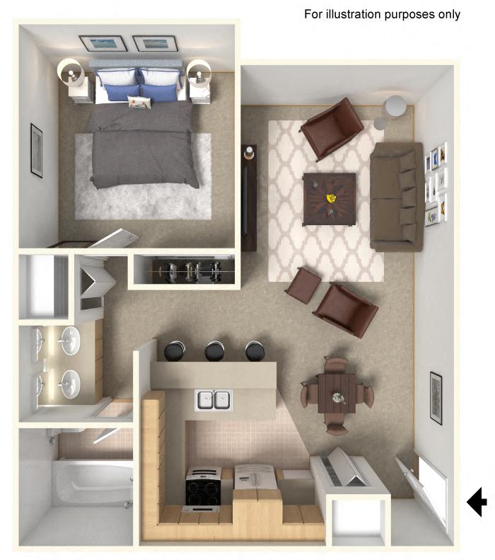 Floor plan for 1 bed, 1 bath, 701 sqft